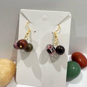 Pyrite & Red Tiger Semi precious Stone Bead Dangle Hook Earrings color gold